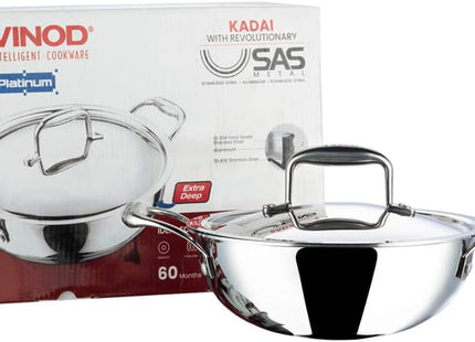 Vinod Platinum Triply Stainless Steel Kadai with Lid Heavy Duty Tri-Ply SS Kadhai Induction & Gas Compatible Even Heat Distribution Durable Mirror Finish | Sizes: 18cm, 20cm, 22cm, 24cm, 26cm