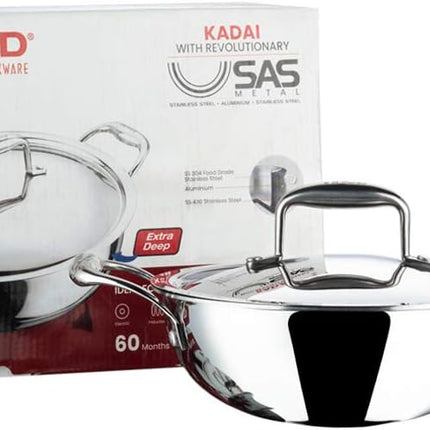 VINOD Platinum Tri-Ply Stainless Steel Kadai + Lid Kadhai 18cm 20cm 22cm 24cm 26cm Induction Gas Compatible Heavy Duty