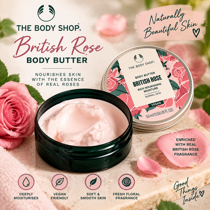 The Body Shop British Rose Tělové máslo 50 ml | Veganský tělový hydratační krém pro normální pokožku