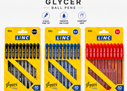 Linc Glycer Ballpoint Pens 0.6mm Fine Tip Blue Black Red Ink Smooth Writing Pack of 10 for School Office Everyday Use