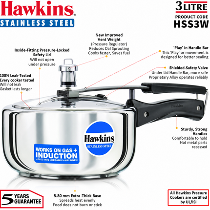 Hawkins Stainless Steel Pressure Cooker 2L to 8L Induction Gas Electric Compatible Cooker