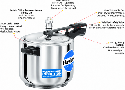 Hawkins Stainless Steel Pressure Cooker – Induction, Gas & Electric Stove Compatible | 2L to 8L