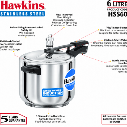Hawkins Stainless Steel Pressure Cooker 2L to 8L Induction Gas Electric Compatible Cooker