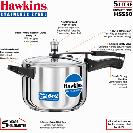 Hawkins Stainless Steel Pressure Cooker 2L to 8L Induction Gas Electric Compatible Cooker
