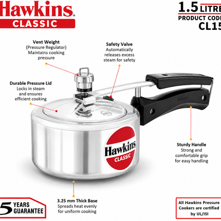 Hawkins Classic Aluminium Pressure Cooker 1.5L to 10L Silver Cooker with Pressure Regulator