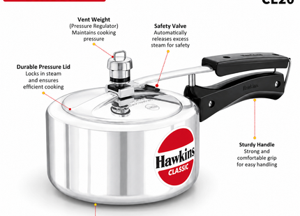 Hawkins Classic Aluminium Pressure Cooker – Silver, Manual Pressure Regulation | 1.5L to 10L