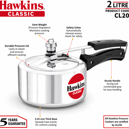 Hawkins Classic Aluminium Pressure Cooker 1.5L to 10L Silver Cooker with Pressure Regulator