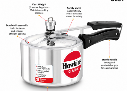 Hawkins Classic Aluminium Pressure Cooker – Silver, Manual Pressure Regulation | 1.5L to 10L