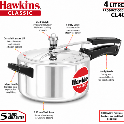 Hawkins Classic Aluminium Pressure Cooker 1.5L to 10L Silver Cooker with Pressure Regulator