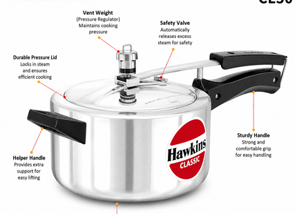 Hawkins Classic Aluminium Pressure Cooker – Silver, Manual Pressure Regulation | 1.5L to 10L
