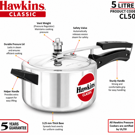 Hawkins Classic Aluminium Pressure Cooker 1.5L to 10L Silver Cooker with Pressure Regulator