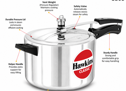 Hawkins Classic Aluminium Pressure Cooker – Silver, Manual Pressure Regulation | 1.5L to 10L