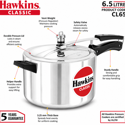 Hawkins Classic Aluminium Pressure Cooker 1.5L to 10L Silver Cooker with Pressure Regulator