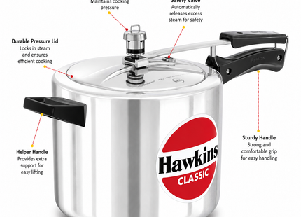 Hawkins Classic Aluminium Pressure Cooker – Silver, Manual Pressure Regulation | 1.5L to 10L