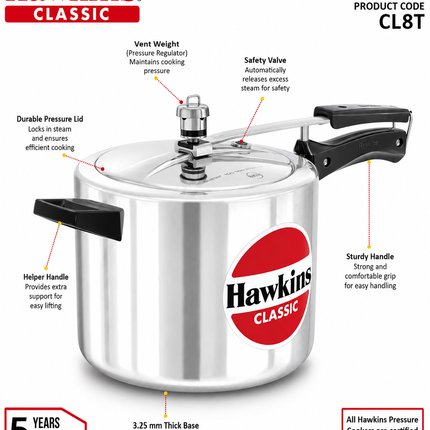Hawkins Classic Aluminium Pressure Cooker 1.5L to 10L Silver Cooker with Pressure Regulator
