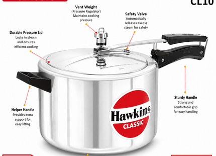 Hawkins Classic Aluminium Pressure Cooker – Silver, Manual Pressure Regulation | 1.5L to 10L