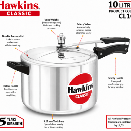Hawkins Classic Aluminium Pressure Cooker 1.5L to 10L Silver Cooker with Pressure Regulator