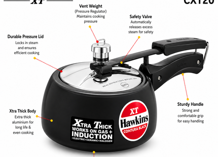 Hawkins Contura Xtra Thick Hard Anodized Pressure Cooker Sizes 1.5L 2L 3L 3.5L 5L 6.5L– Induction Gas Electric Compatible