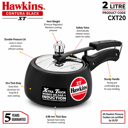 Hawkins Contura Xtra Thick Hard Anodized Pressure Cooker 1.5L to 6.5L Induction Gas Electric Compatible