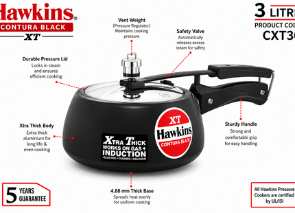 Hawkins Contura Xtra Thick Hard Anodized Pressure Cooker Sizes 1.5L 2L 3L 3.5L 5L 6.5L– Induction Gas Electric Compatible