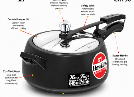 Hawkins Contura Xtra Thick Hard Anodized Pressure Cooker Sizes 1.5L 2L 3L 3.5L 5L 6.5L– Induction Gas Electric Compatible