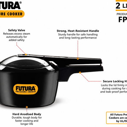 Futura by Hawkins Hard Anodized Pressure Cooker 2L to 9L Black Cooker for Everyday Cooking