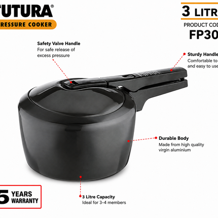 Futura by Hawkins Hard Anodized Pressure Cooker 2L to 9L Black Cooker for Everyday Cooking