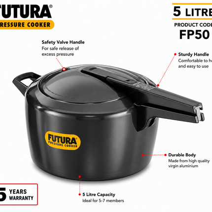 Futura by Hawkins Hard Anodized Pressure Cooker 2L to 9L Black Cooker for Everyday Cooking
