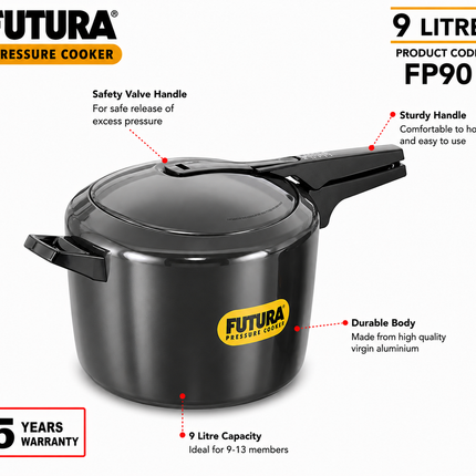 Futura by Hawkins Hard Anodized Pressure Cooker 2L to 9L Black Cooker for Everyday Cooking