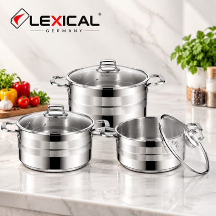 Lexical Primal 6 Piece Stainless Steel Casserole Pot Set Glass Lids 26cm 28cm 32cm