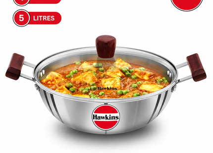 Hawkins Tri-Ply Stainless Steel Deep Kadhai with Glass Lid 4L 5L Kadai Induction Compatible