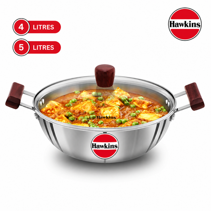 Hawkins Tri Ply Stainless Steel Deep Kadhai 4L 5L Glass Lid Induction Compatible