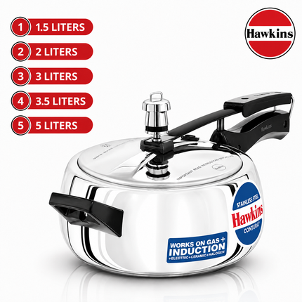 Hawkins Stainless Steel Pressure Cooker 1.5L 2L 3L 3.5L 5L with Induction Compatible Base