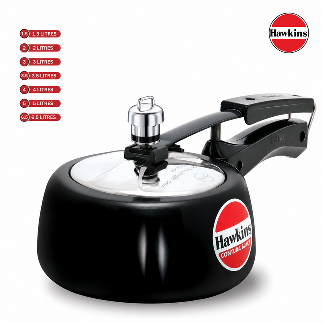 Hawkins Contura Hard Anodized Pressure Cooker – Curved Body, Energy Efficient, Gas & Electric Stove Compatible | 1.5L to 6.5L