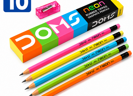 DOMS Graphite Pencils Pack of 10  X1 X-Tra Super Dark & Neon Rubber Tipped | Smooth Writing Drawing School Pencils