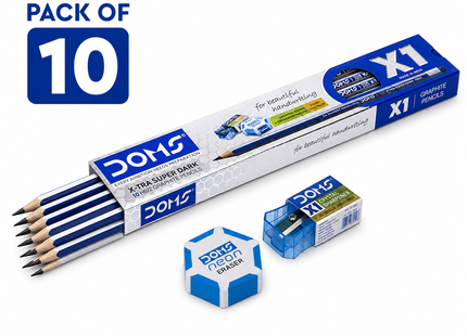 DOMS Graphite Pencils Pack of 10  X1 X-Tra Super Dark & Neon Rubber Tipped | Smooth Writing Drawing School Pencils