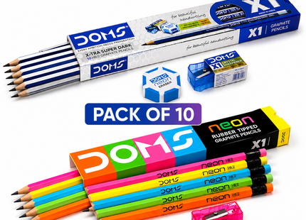 DOMS Graphite Pencils Pack of 10  X1 X-Tra Super Dark & Neon Rubber Tipped | Smooth Writing Drawing School Pencils