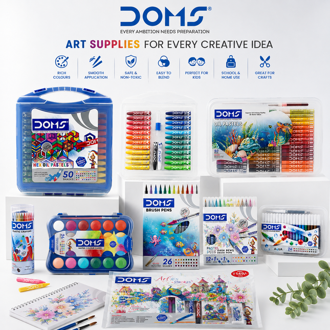 DOMS Art Supplies for Kids Oil Pastels Crayons Watercolour Cakes Brush Pens Pastel & Aqua Sketch Pens Art Strokes Gifting Kit Drawing Colouring Painting & School Crafts – Multiple Options