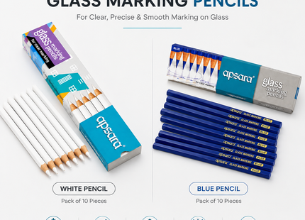 Apsara Glass Marking Pencils Pack of 10 White OR Blue Marking for Glass, Metal, Leather & Smooth Surfaces ,Clear Smooth & Precise Marking