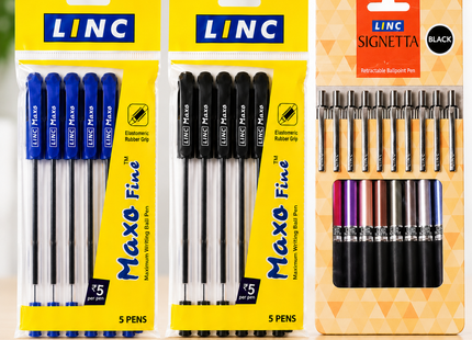 Linc Ball Pens Maxo Fine 0.7mm Pack of 10 Blue Black Ink, Signetta Blue Ballpoint Pens for Smooth Writing, School, Office, College ,Students