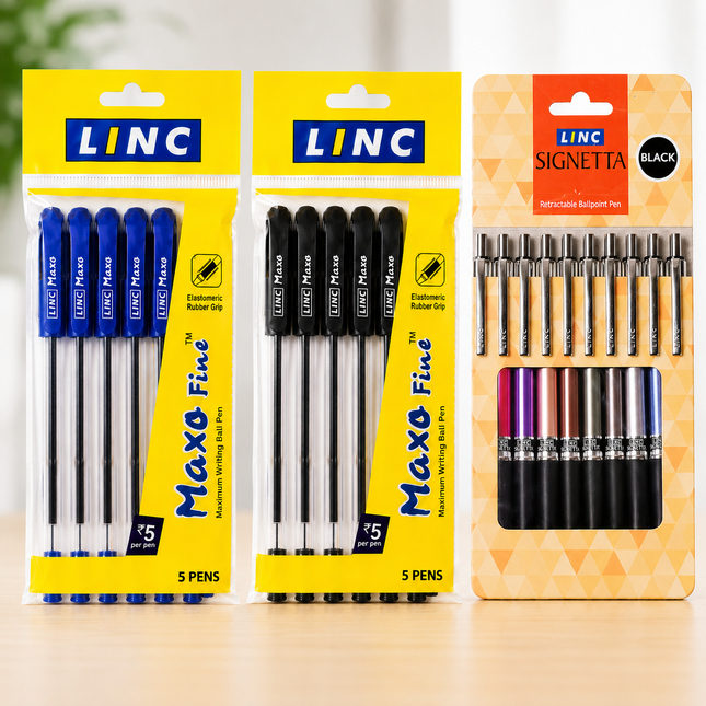 Linc Ball Pens Maxo Fine 0.7mm Pack of 10 Blue Black Ink, Signetta Blue Ballpoint Pens for Smooth Writing, School, Office, College ,Students