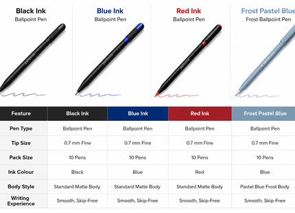 Pentonic Ballpoint & Frost Pens 0.7mm Fine Tip Pack of 10 Black Blue Red Smooth Writing Quick Dry Ink Stationery Set for School Office Home Notes Exams Journaling Everyday Writing