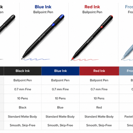 Pentonic Ballpoint & Frost Pens 0.7mm Fine Tip Pack of 10 Black Blue Red Smooth Writing Quick Dry Ink Stationery Set for School Office Home Notes Exams Journaling Everyday Writing