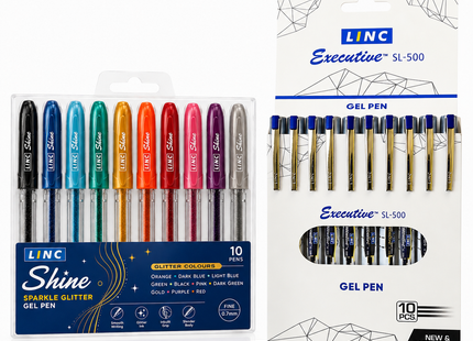 Linc Executive SL-500 & Shine Sparkle Gel Pens Pack of 10 Fine Point Assorted Colours