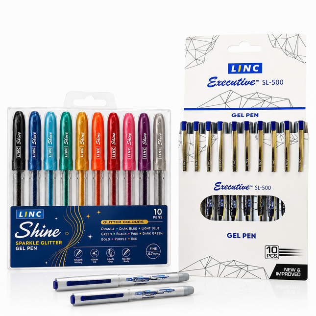 Linc Executive SL-500 & Shine Sparkle Gel Pens Pack of 10 Fine Point Assorted Colours
