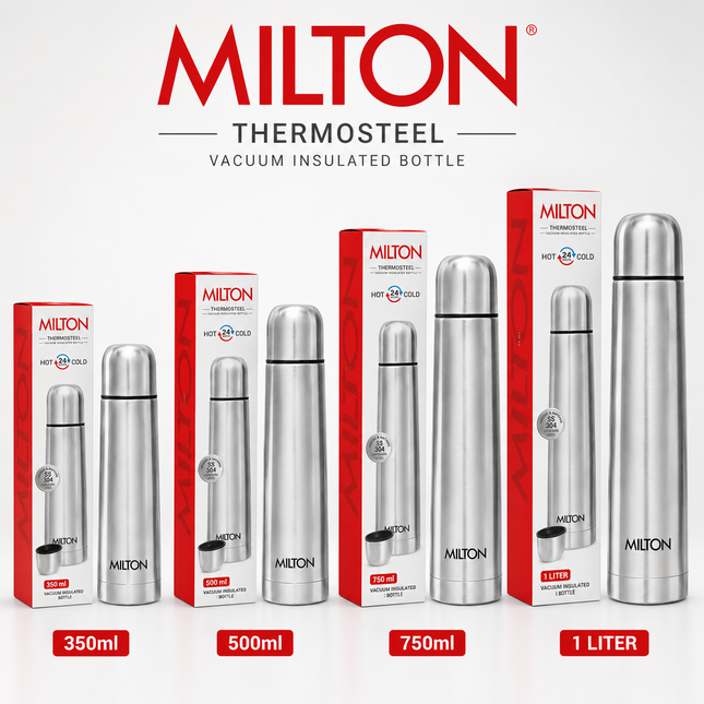 Milton Thermosteel Flip Lid Vacuum Flask | 350ml, 500ml, 750ml & 1 Litre | Stainless Steel Double Walled Water Bottle | 24 Hours Hot & Cold | Leak Proof | BPA Free | Silver