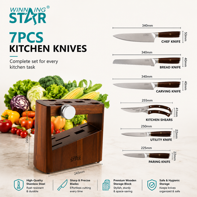 Winning Star Knife Sets Collection | 2-in-1 Knife Set 24.3 216g, 3-in-1 Knife Set 20.5 216g, 5-in-1 Knife Set 130g Silver, 5-in-1 Knife Set 20.5 222g, 7-in-1 Knife Set 25.5 270g | Models ST-7804, ST-7806-2, ST-7806-3, ST-7807-5, ST-7801 | Kitchen...