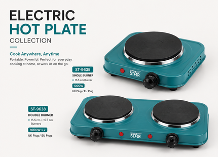 Winning Star Hot Plates Collection | Hot Plate 15.5cm 1000W EU Plug Silver 2 burners, 15.5cm + 15.5cm, Hot Plate 15.5cm 1000W UK Plug Silver 2 burners, 15.5cm + 15.5cm, Single Burner Hot Plate 15.5cm burner 1000W EU Plug Silver, Single Burner Hot...