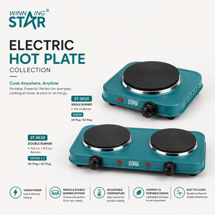 Winning Star Electric Hot Plate Collection – 1000W Single & Double Burner Portable Cooktops for Home, Office and Travel