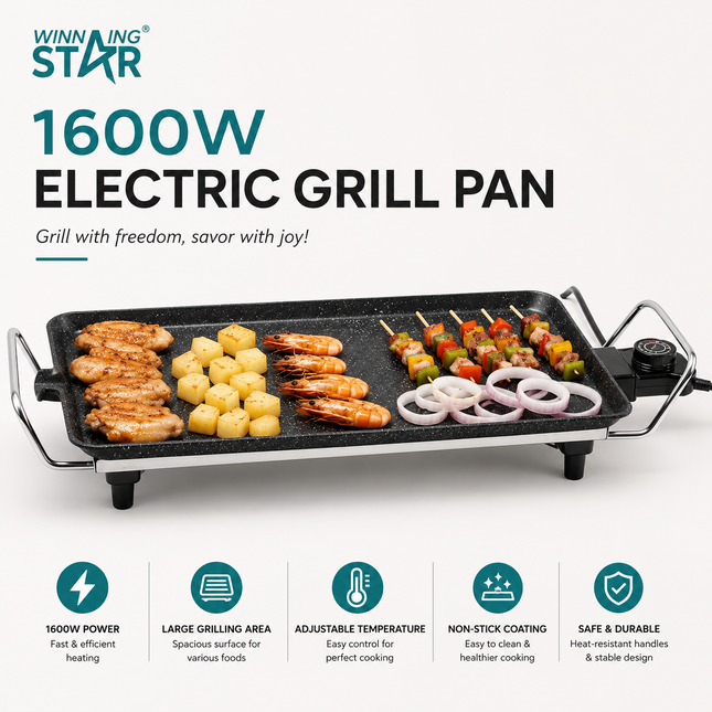Winning Star Electric Grill Pans Collection | Electric Grill Pan 1600W EU Plug Silver, Electric Grill Pan 1600W UK Plug Silver, Multi-function Breakfast Frying Pan 23 Silver | Models ST-9762, ST-9762, ST-5220 | Cooking Pan